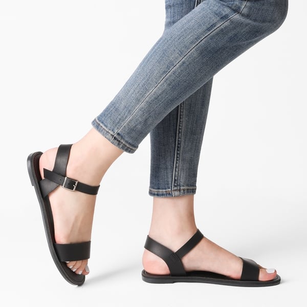 Ankle Strap Open Toe Flat Sandals - ALL BLACK - 1